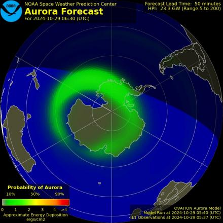 Aurora Australis (Southern Lights) Ovation forecast model - Southern hemisphere