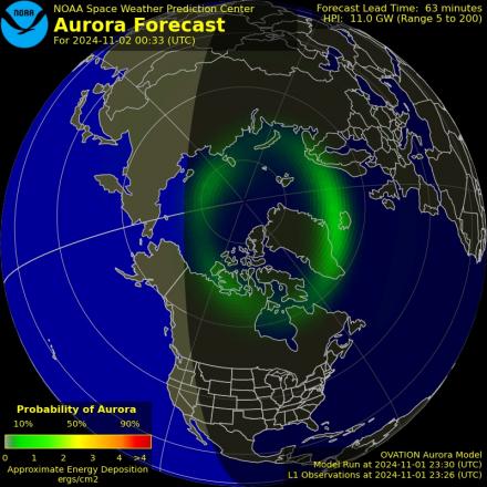 Aurora Borealis Ovation forecast model - Northern hemisphere