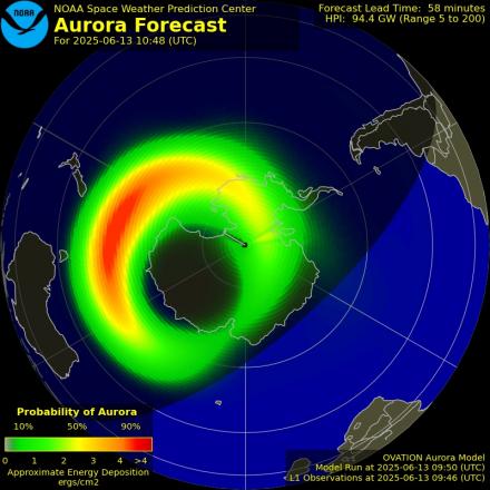 Aurora Australis (Southern Lights) Ovation forecast model - Southern hemisphere