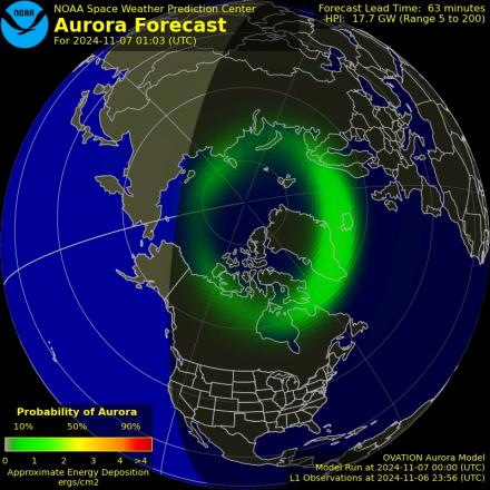 Aurora Borealis Ovation forecast model - Northern hemisphere