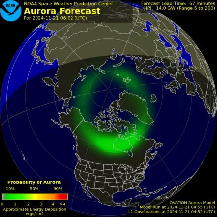 Aurora Borealis Ovation forecast model - Northern hemisphere