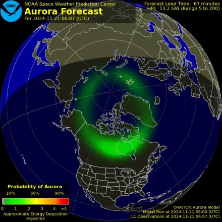 Aurora Borealis Ovation forecast model - Northern hemisphere