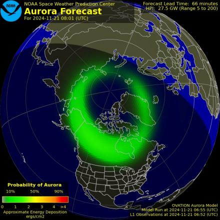 Aurora Borealis Ovation forecast model - Northern hemisphere