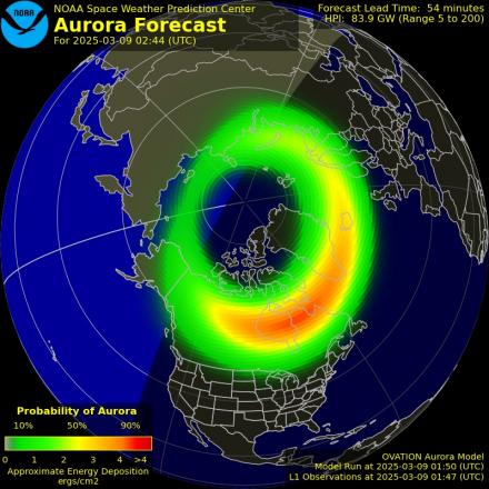 Aurora Borealis Ovation forecast model - Northern hemisphere