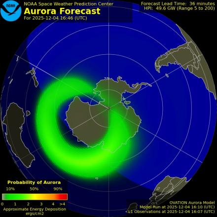Aurora Australis (Southern Lights) Ovation forecast model - Southern hemisphere