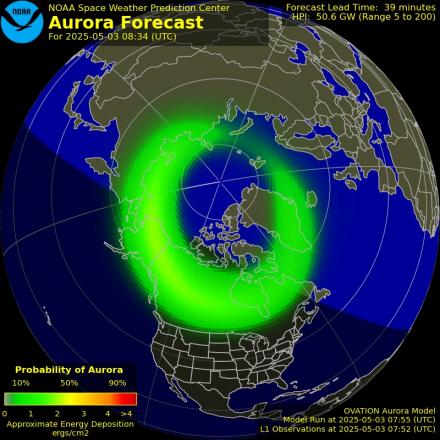 Aurora Borealis Ovation forecast model - Northern hemisphere