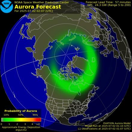 Aurora Borealis Ovation forecast model - Northern hemisphere