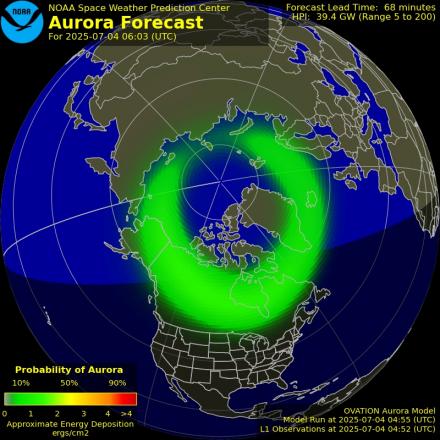 Aurora Borealis Ovation forecast model - Northern hemisphere