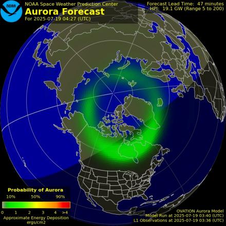Aurora Borealis Ovation forecast model - Northern hemisphere
