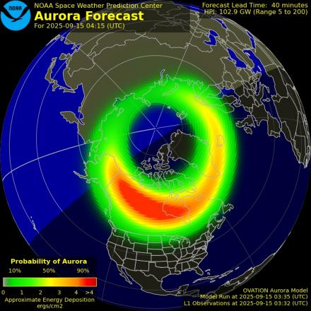 Aurora Borealis Ovation forecast model - Northern hemisphere
