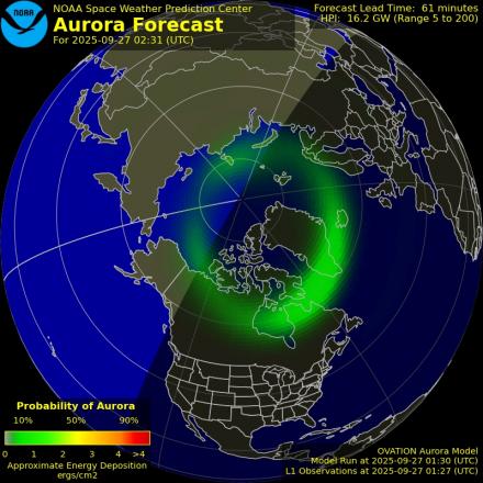 Aurora Borealis Ovation forecast model - Northern hemisphere