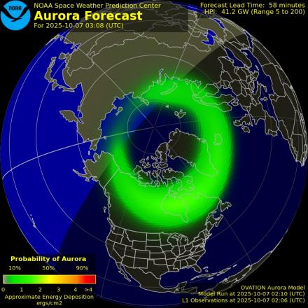 Aurora Borealis Ovation forecast model - Northern hemisphere