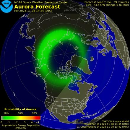 Aurora Borealis Ovation forecast model - Northern hemisphere