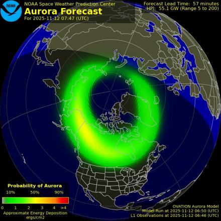 Aurora Borealis Ovation forecast model - Northern hemisphere
