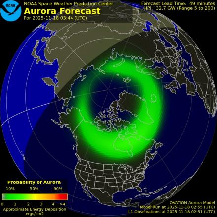 Aurora Borealis Ovation forecast model - Northern hemisphere