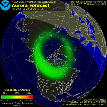 Aurora Borealis Ovation forecast model - Northern hemisphere