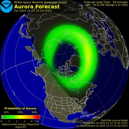 Aurora Borealis Ovation forecast model - Northern hemisphere