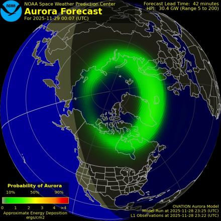 Aurora Borealis Ovation forecast model - Northern hemisphere