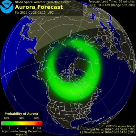 Aurora Borealis Ovation forecast model - Northern hemisphere