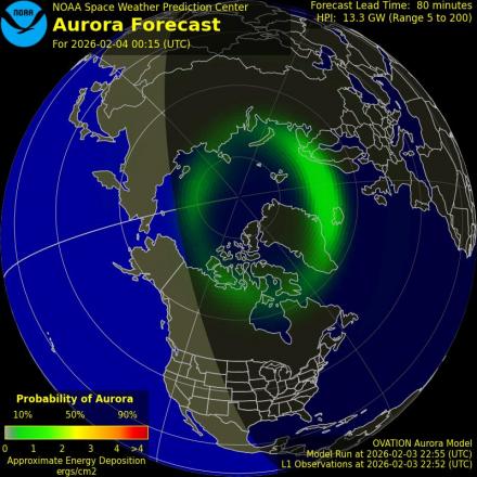 Aurora Borealis Ovation forecast model - Northern hemisphere