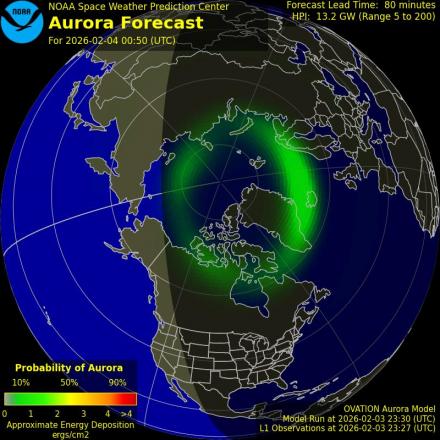 Aurora Borealis Ovation forecast model - Northern hemisphere