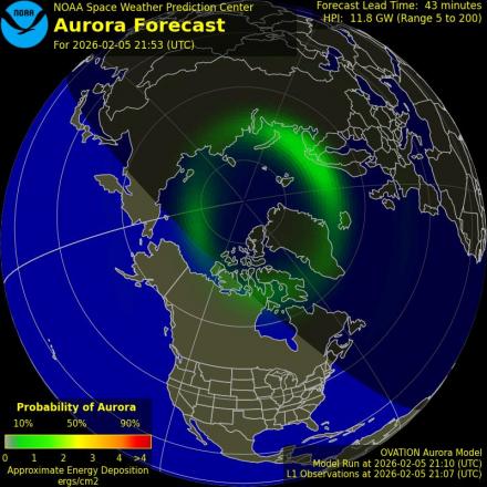 Aurora Borealis Ovation forecast model - Northern hemisphere