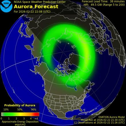 Aurora Borealis Ovation forecast model - Northern hemisphere