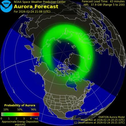 Aurora Borealis Ovation forecast model - Northern hemisphere
