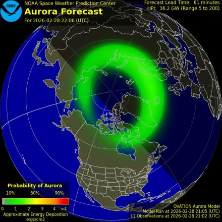 Aurora Borealis Ovation forecast model - Northern hemisphere