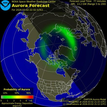 Aurora Borealis Ovation forecast model - Northern hemisphere