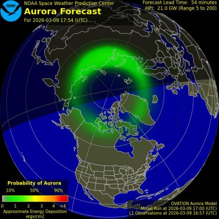 Aurora Borealis Ovation forecast model - Northern hemisphere
