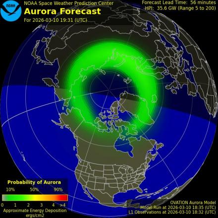 Aurora Borealis Ovation forecast model - Northern hemisphere