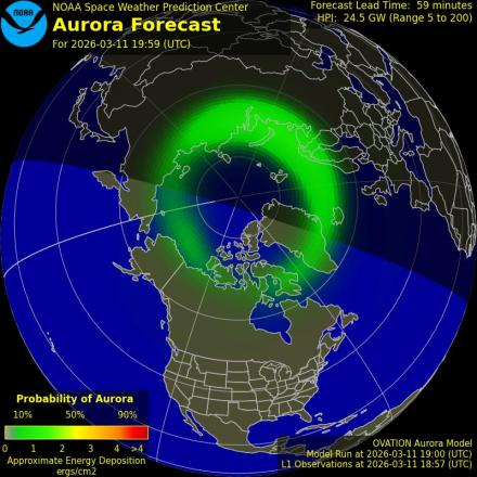 Aurora Borealis Ovation forecast model - Northern hemisphere