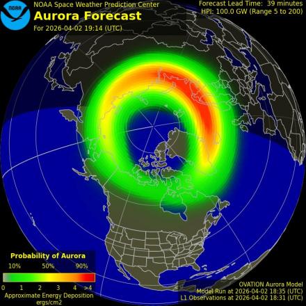 Aurora Borealis Ovation forecast model - Northern hemisphere