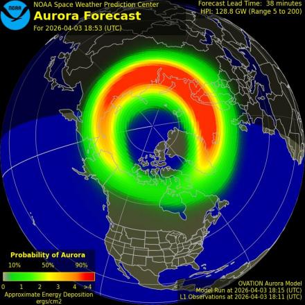 Aurora Borealis Ovation forecast model - Northern hemisphere