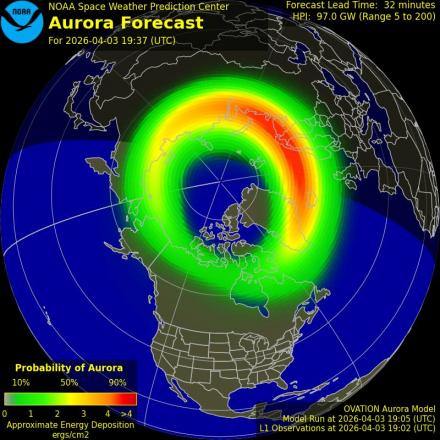 Aurora Borealis Ovation forecast model - Northern hemisphere