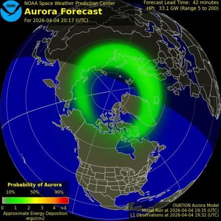 Aurora Borealis Ovation forecast model - Northern hemisphere