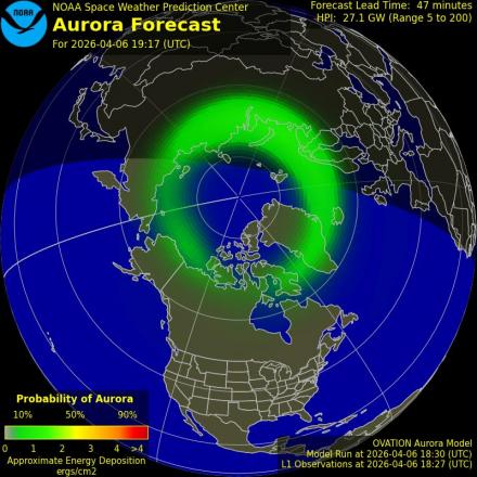 Aurora Borealis Ovation forecast model - Northern hemisphere