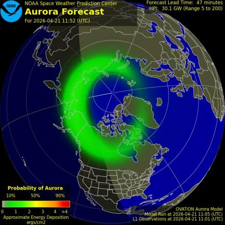 Aurora Borealis Ovation forecast model - Northern hemisphere
