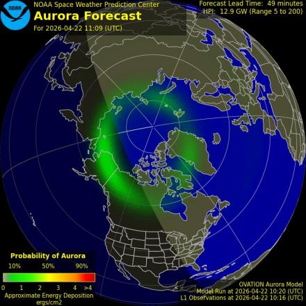 Aurora Borealis Ovation forecast model - Northern hemisphere