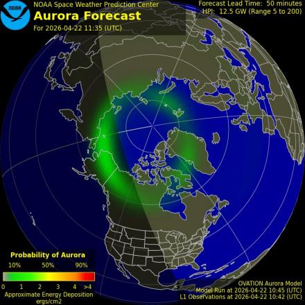 Aurora Borealis Ovation forecast model - Northern hemisphere