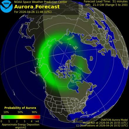 Aurora Borealis Ovation forecast model - Northern hemisphere