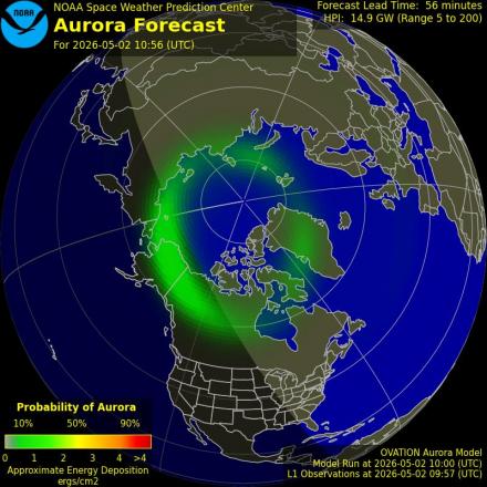 Aurora Borealis Ovation forecast model - Northern hemisphere